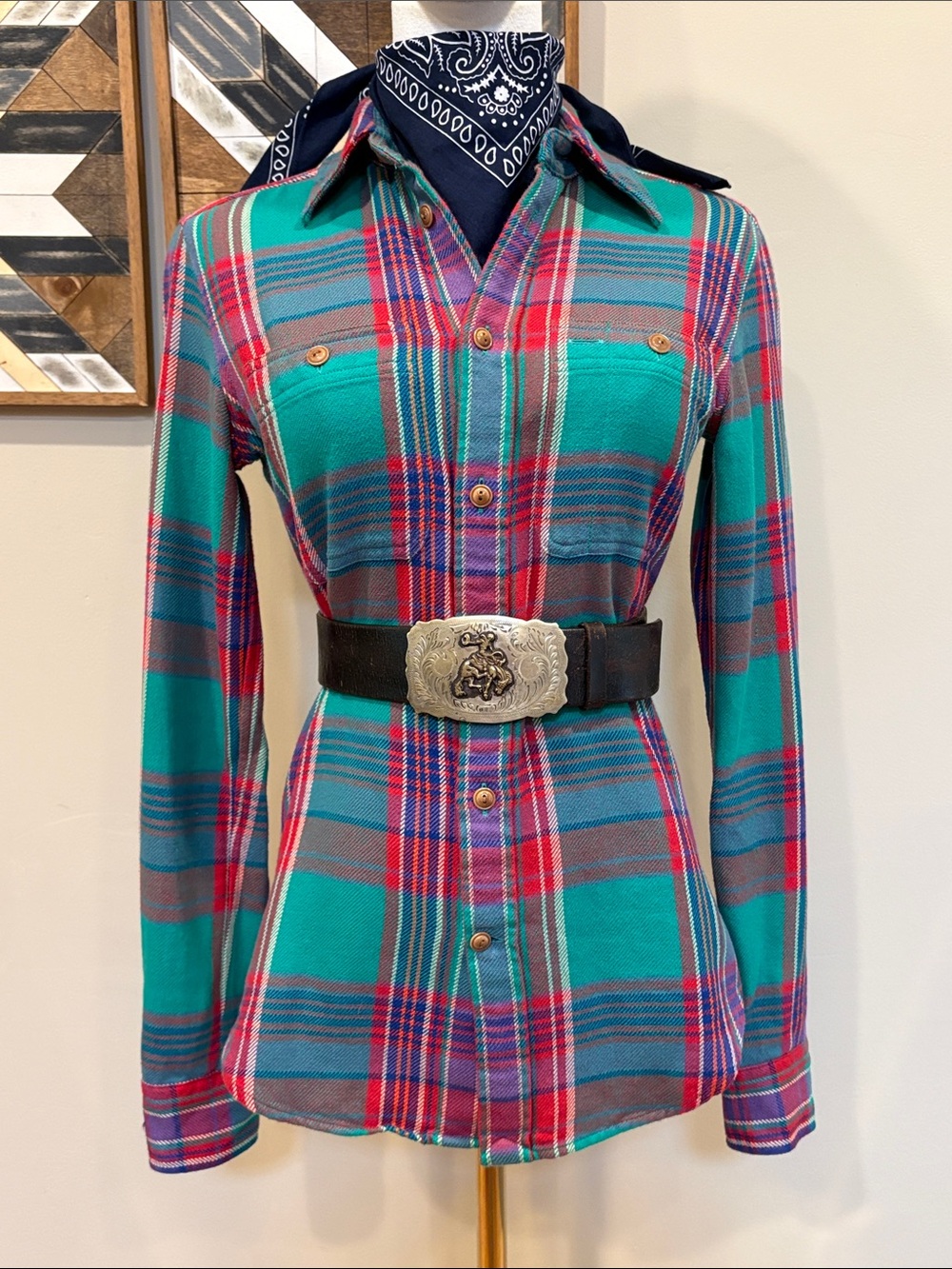 Vintage Ralph Lauren Blue Label Y2K Western Cotton Plaid Flannel Button Down Top